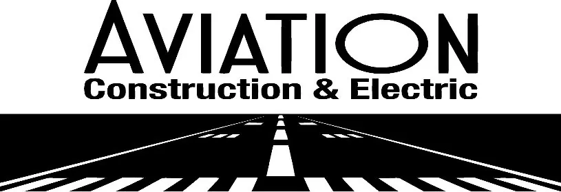 A black and white picture of an airplane with the words aviation construction & engineering written in front.